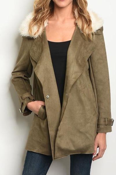 Iconic Fur Suede Oversized Coat (Olive)