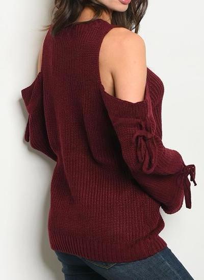 Belle Cold Shoulder Tie Sleeve Sweater (Burgundy)