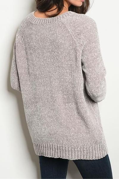 Glisten Powder Gray Chenille Lace Up Sweater