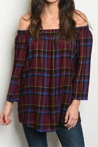 Selena Off the Shoulder Plaid Blouse (Wine Red)