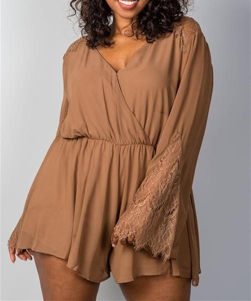 Lacey Bell Sleeve Romper In Khaki (Plus)