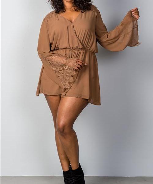 Lacey Bell Sleeve Romper In Khaki (Plus)