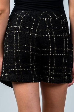 Gold & Black Plaid Front Pleated Woolen Shorts