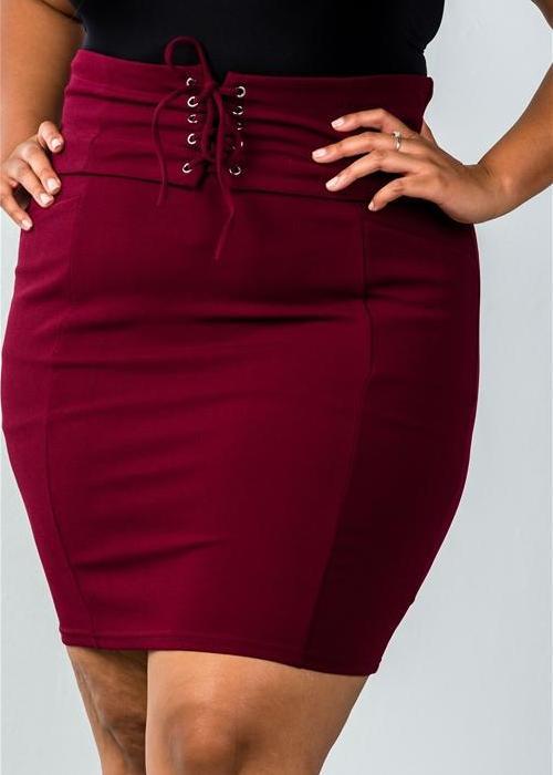 Lace-Up Bodycon Pencil Maroon Skirt (Plus)