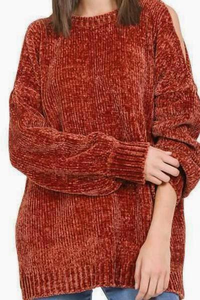 Autumn Touch Cold Shoulder Chenille Sweater (Rust)