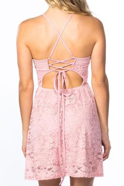 Lace Blush Pink Strappy Skater Dress