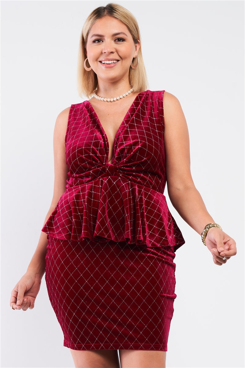 Classic Glam Peplum Quilted Glitter Plus Dress (Burgundy)