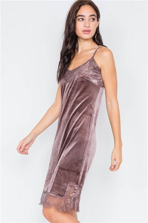 Fairytale Lace Trim Velvet Slip Dress (Cocoa)