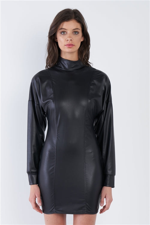 Matrix Vegan Leather High Neck Mini Dress (Black)