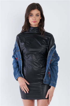 Matrix Vegan Leather High Neck Mini Dress (Black)