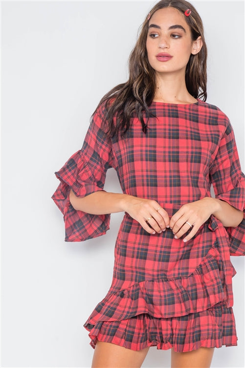 Plaid About You Tie Ruffle Mini Dress (Red)