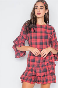 Plaid About You Tie Ruffle Mini Dress (Red)