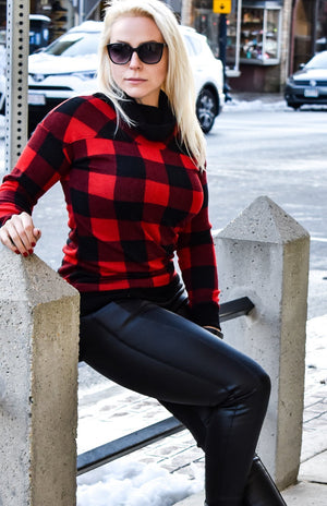 Buffalo Plaid Check Cowl Sweater (Red)