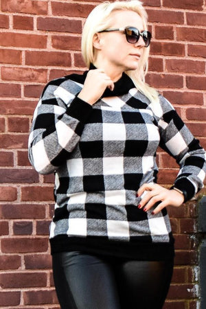 Buffalo Plaid Check Cowl Sweater (White)