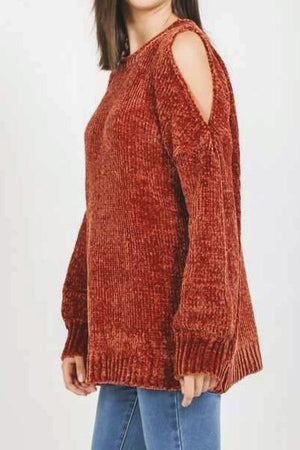 Autumn Touch Cold Shoulder Chenille Sweater (Rust)