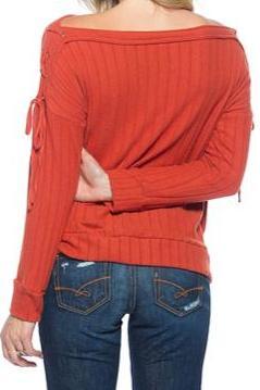 Rust Ribbed Lace Up Boatneck Sweater