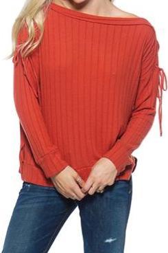 Rust Ribbed Lace Up Boatneck Sweater