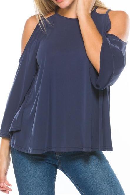 Cold Shoulder Bell Sleeve Top (Slate)