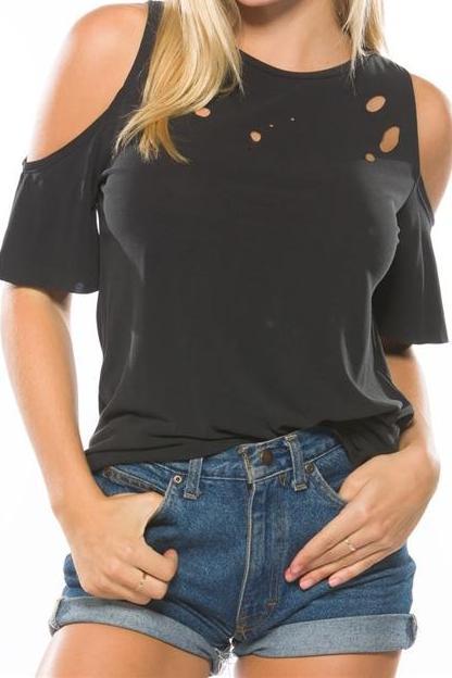 Cold Shoulder Distressed Black Tee