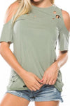 Cold Shoulder Distressed Green Tee