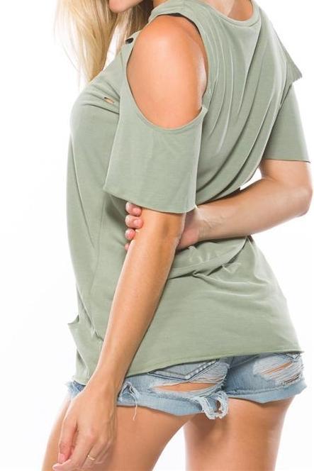 Cold Shoulder Distressed Green Tee