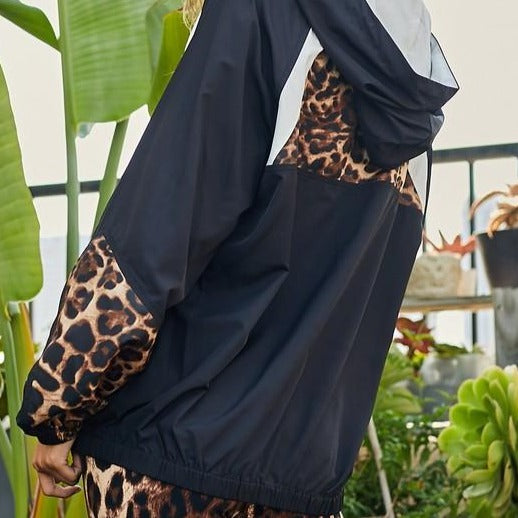 Cool Cat Leopard Colorblock Windbreaker (Black)