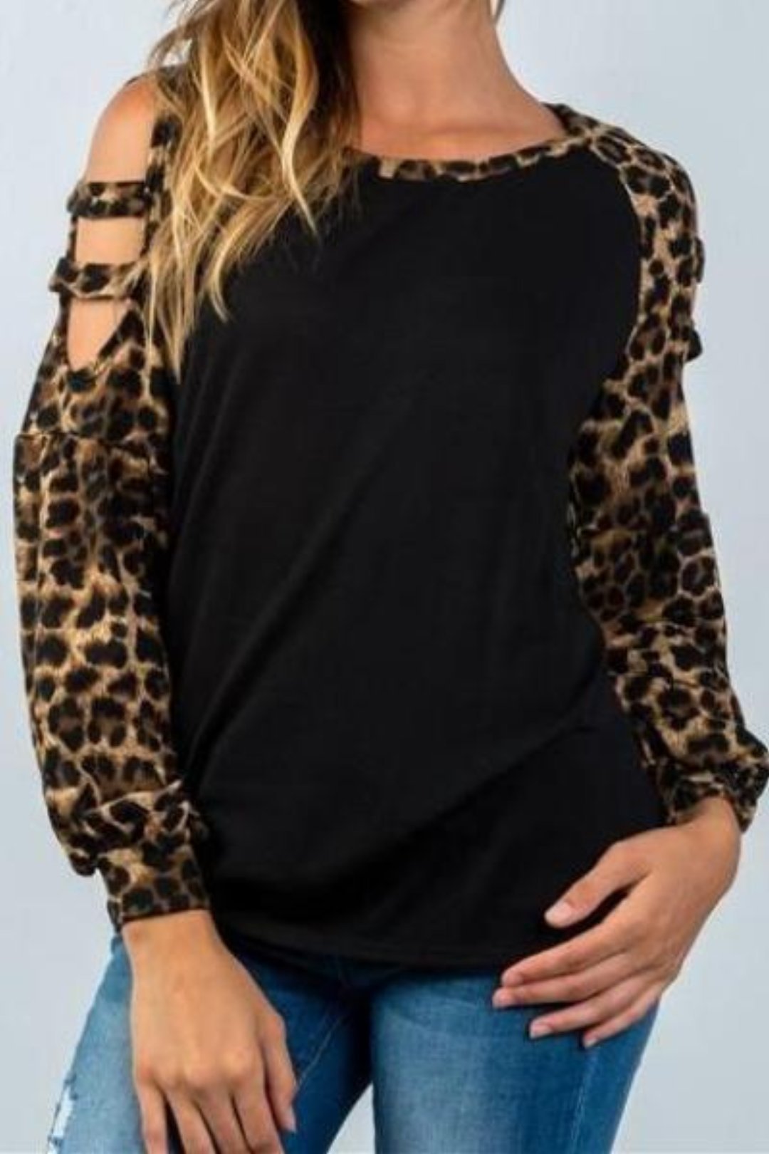 Cut Out Leopard Sleeve Top (Black)