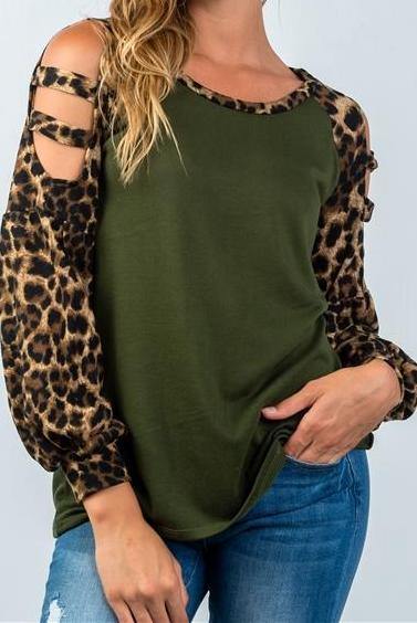 Cut Out Leopard Sleeve Top (Olive)