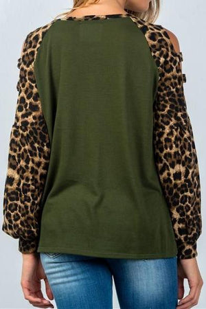 Cut Out Leopard Sleeve Top (Olive)