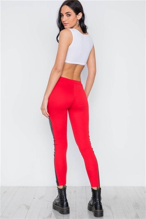 Edgy Vibes Leather Panel Ankle Leggings (Red)