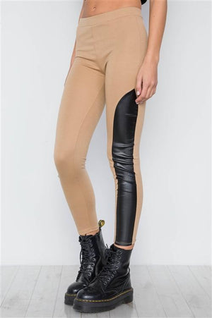 Edgy Vibes Leather Panel Ankle Leggings (Tan)