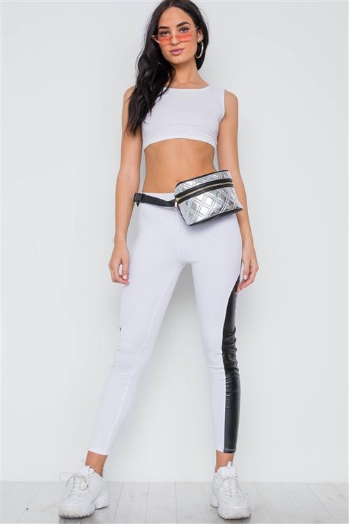Edgy Vibes Leather Panel Ankle Leggings (White)