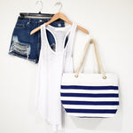 Beach Bum Rope & Canvas Striped Tote (Navy)