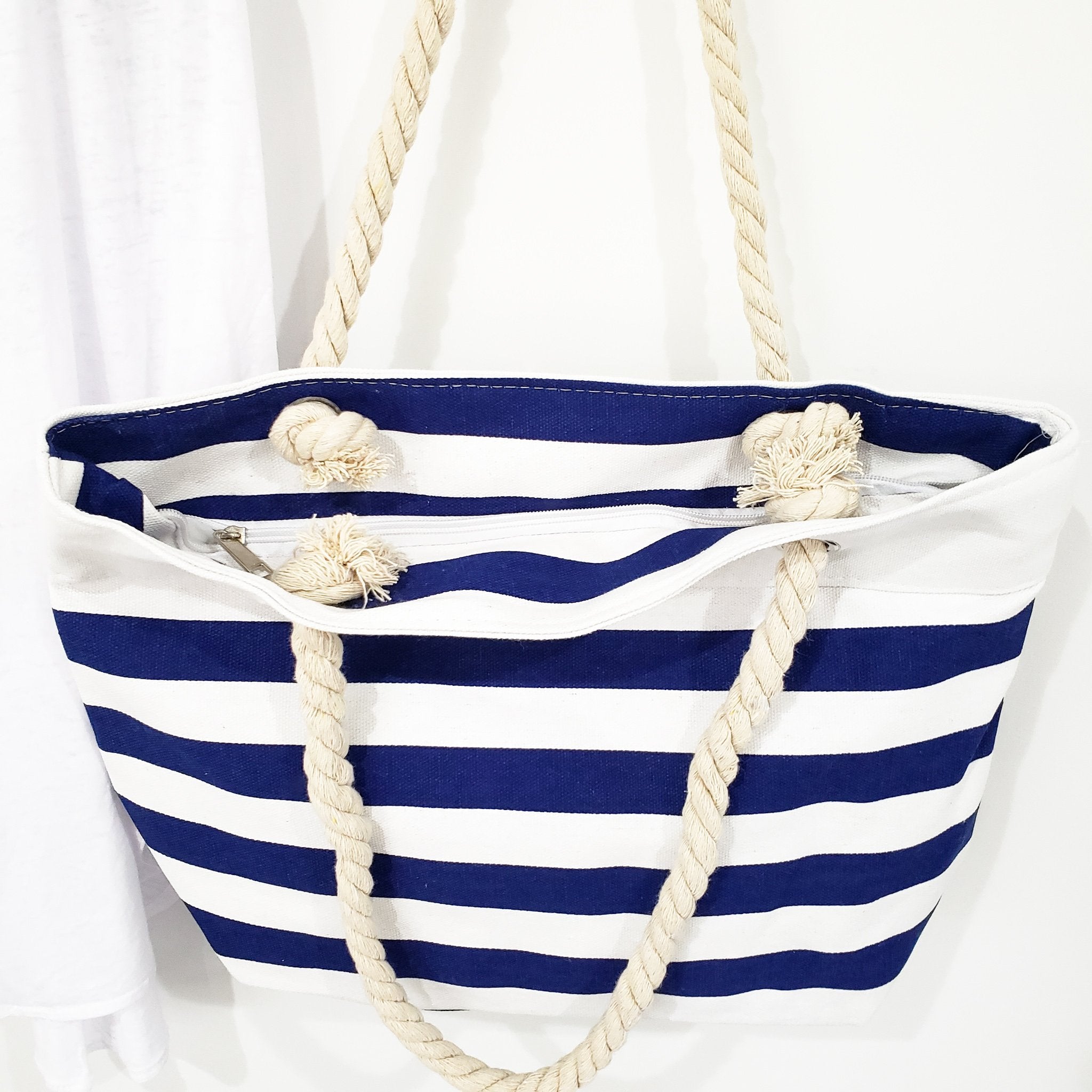Beach Bum Rope & Canvas Striped Tote (Navy)