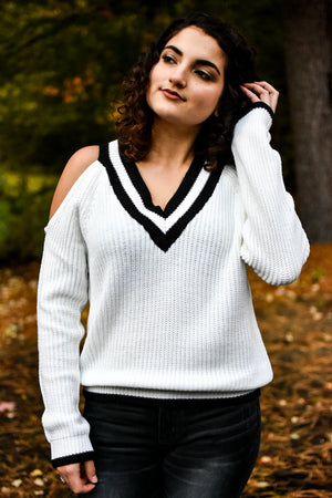Varsity Vibes V-Neck Sweater (Off White)