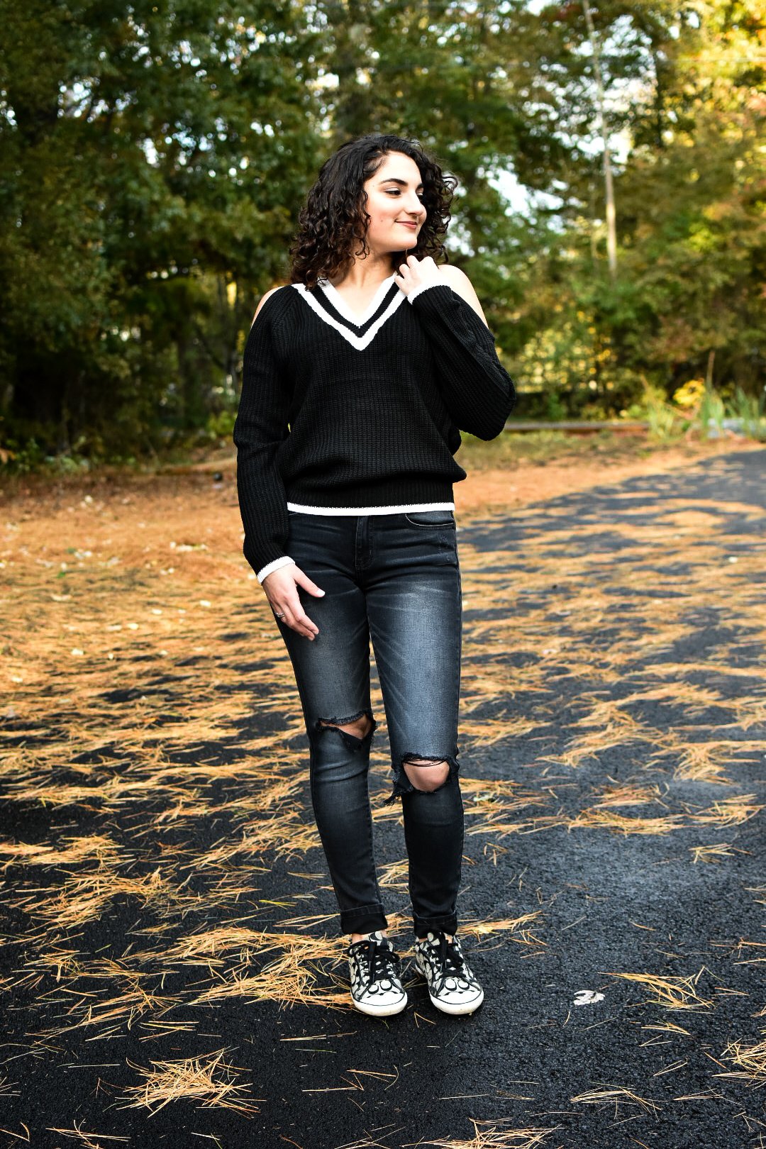 Varsity Vibes V-Neck Sweater (Black)