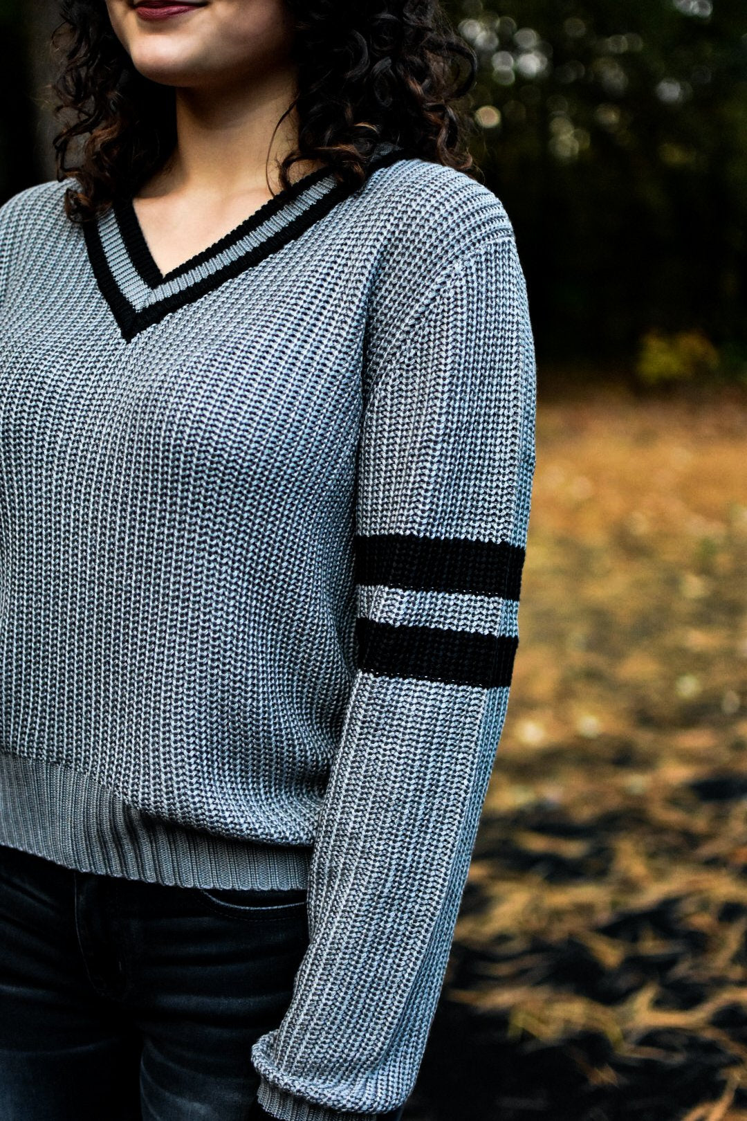 Collegiate V Neck Varsity Sweater (Charcoal)