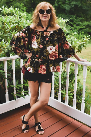 Bella Floral Print Off the Shoulder Top (Black)