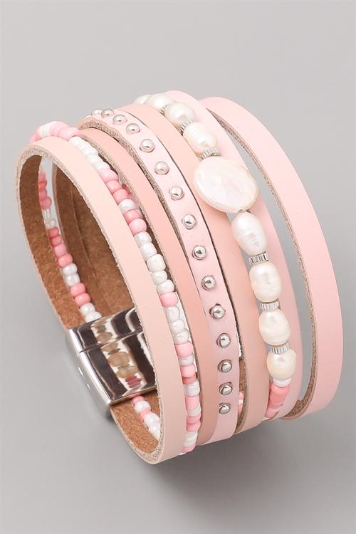Alexa Pink Beaded Faux Leather Wrap Bracelet