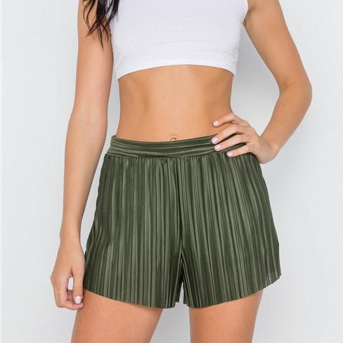 Charmed Satin Pleated Dress Shorts (Olive)