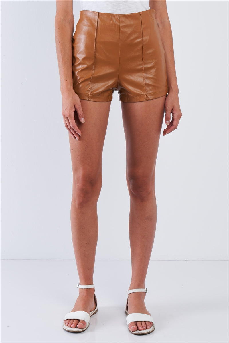 Sublime Vegan Leather High Waist Camel Mini Shorts