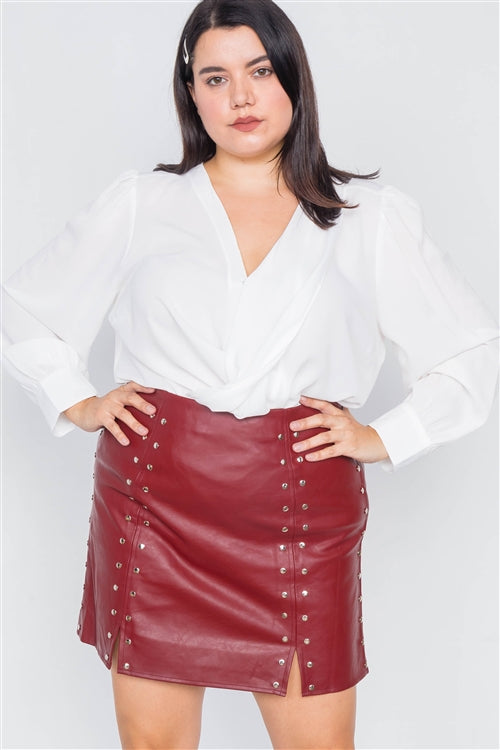 Cherry Pie Grommet Faux Leather Mini Skirt (Plus)