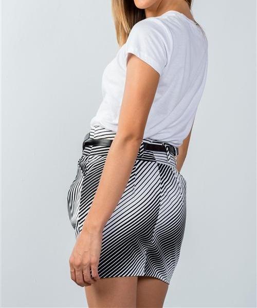 Grayscale Striped Pleated Belted Mini Skirt