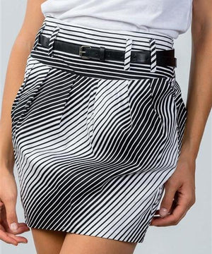Grayscale Striped Pleated Belted Mini Skirt