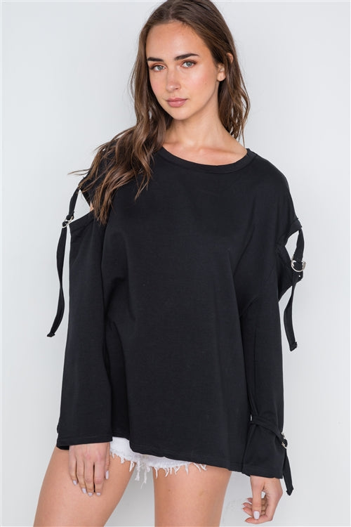 Buckle Up Cut Out Long Sleeve Top (Black)