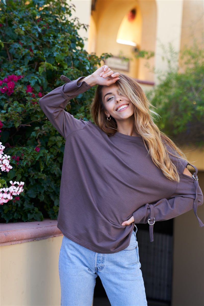 Buckle Up Cut Out Long Sleeve Top (Cocoa Brown)