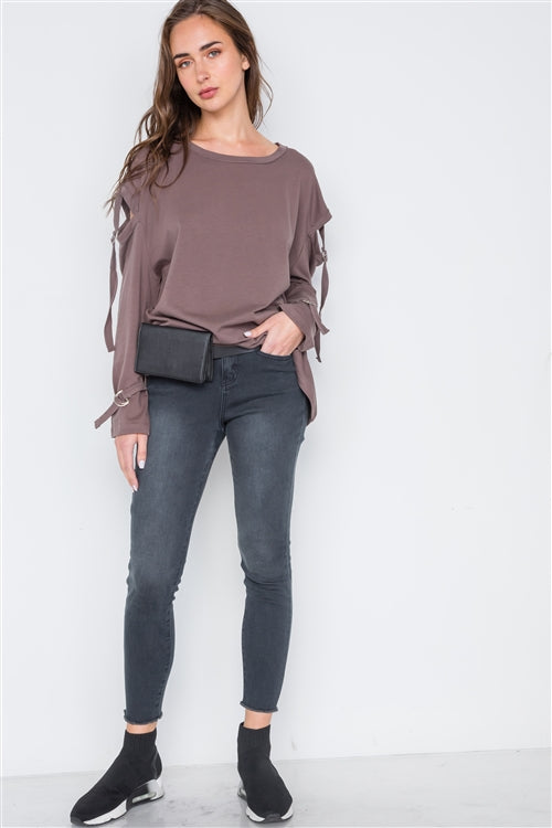 Buckle Up Cut Out Long Sleeve Top (Cocoa Brown)