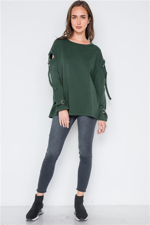 Buckle Up Cut Out Long Sleeve Top (Hunter Green)