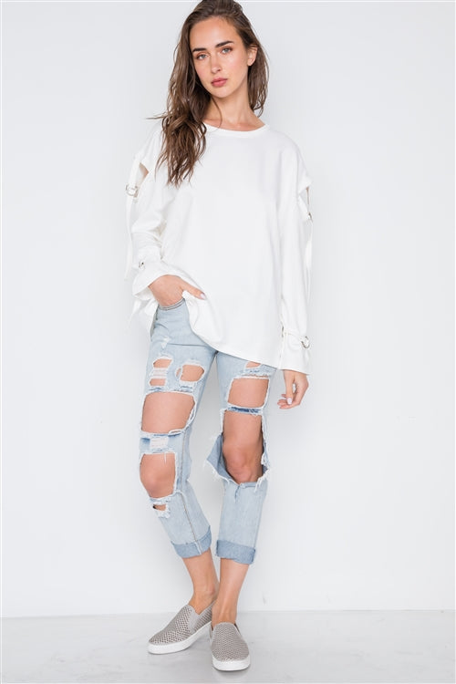 Buckle Up Cut Out Long Sleeve Top (White)
