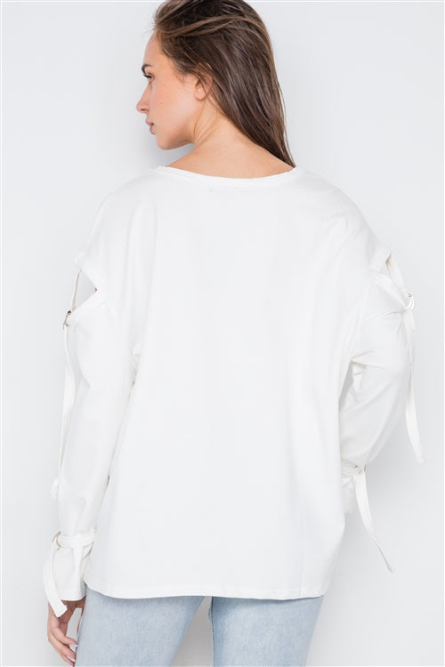 Buckle Up Cut Out Long Sleeve Top (White)